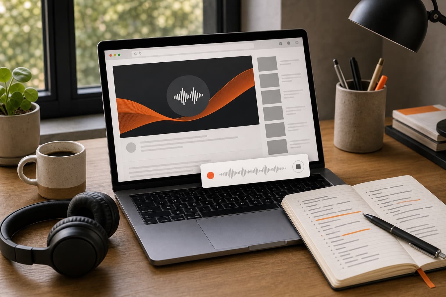 Mac recording browser audio from a website beside headphones and local transcript notes