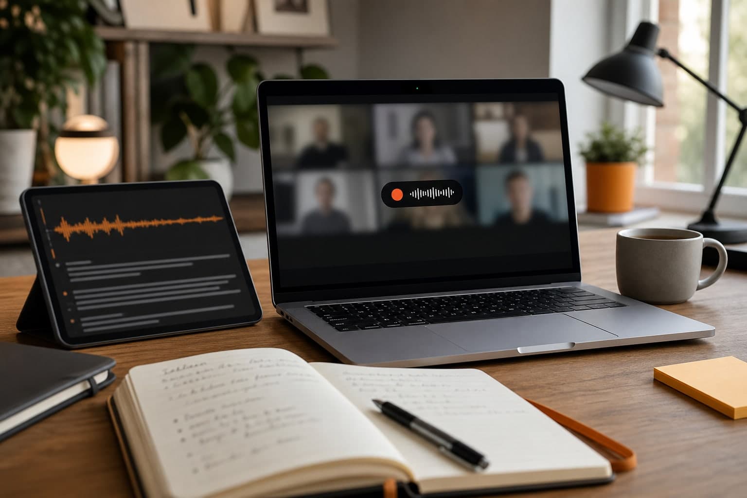 MacBook recording a remote client call beside meeting notes
