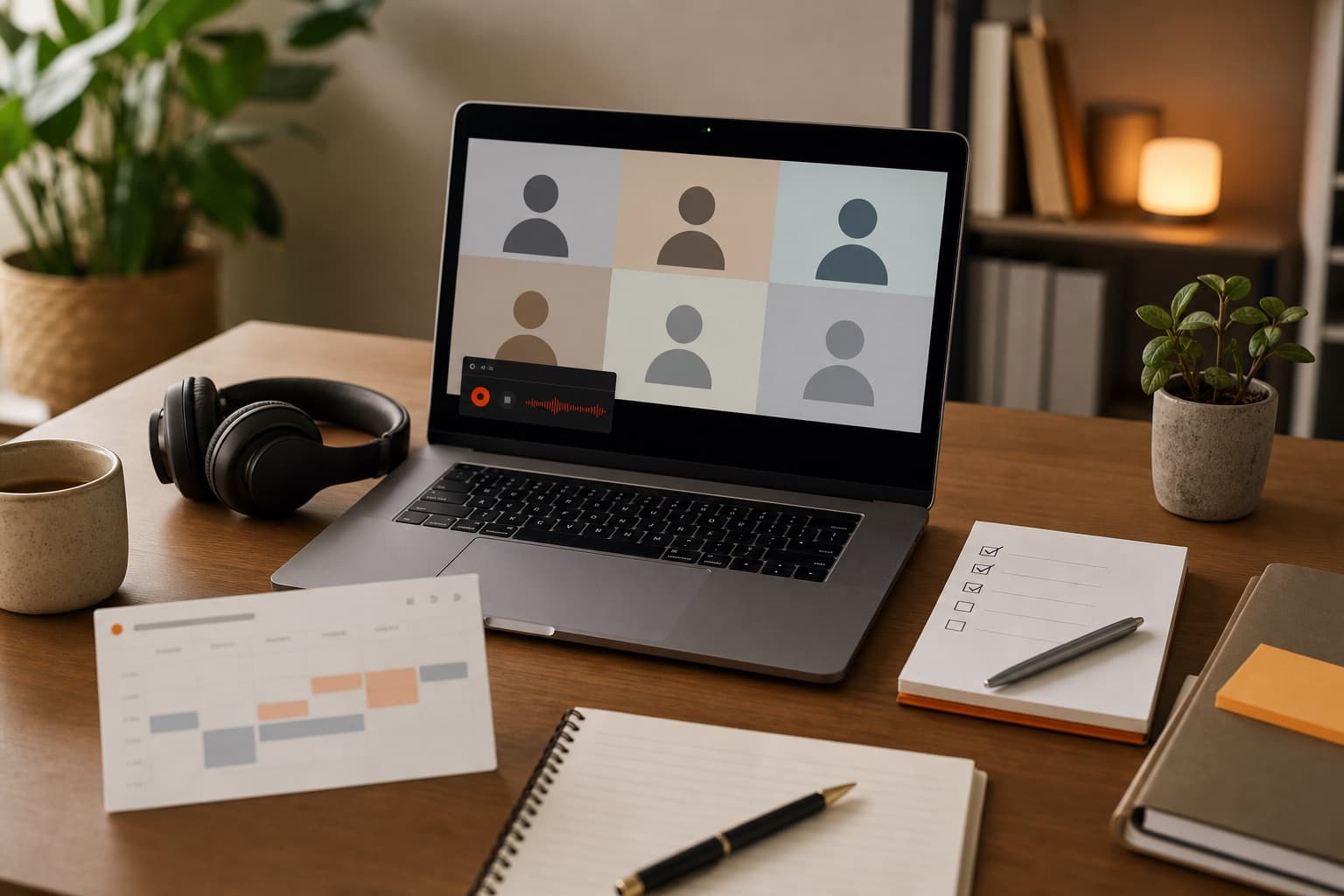 Mac recording an abstract remote meeting beside headphones and a consent checklist