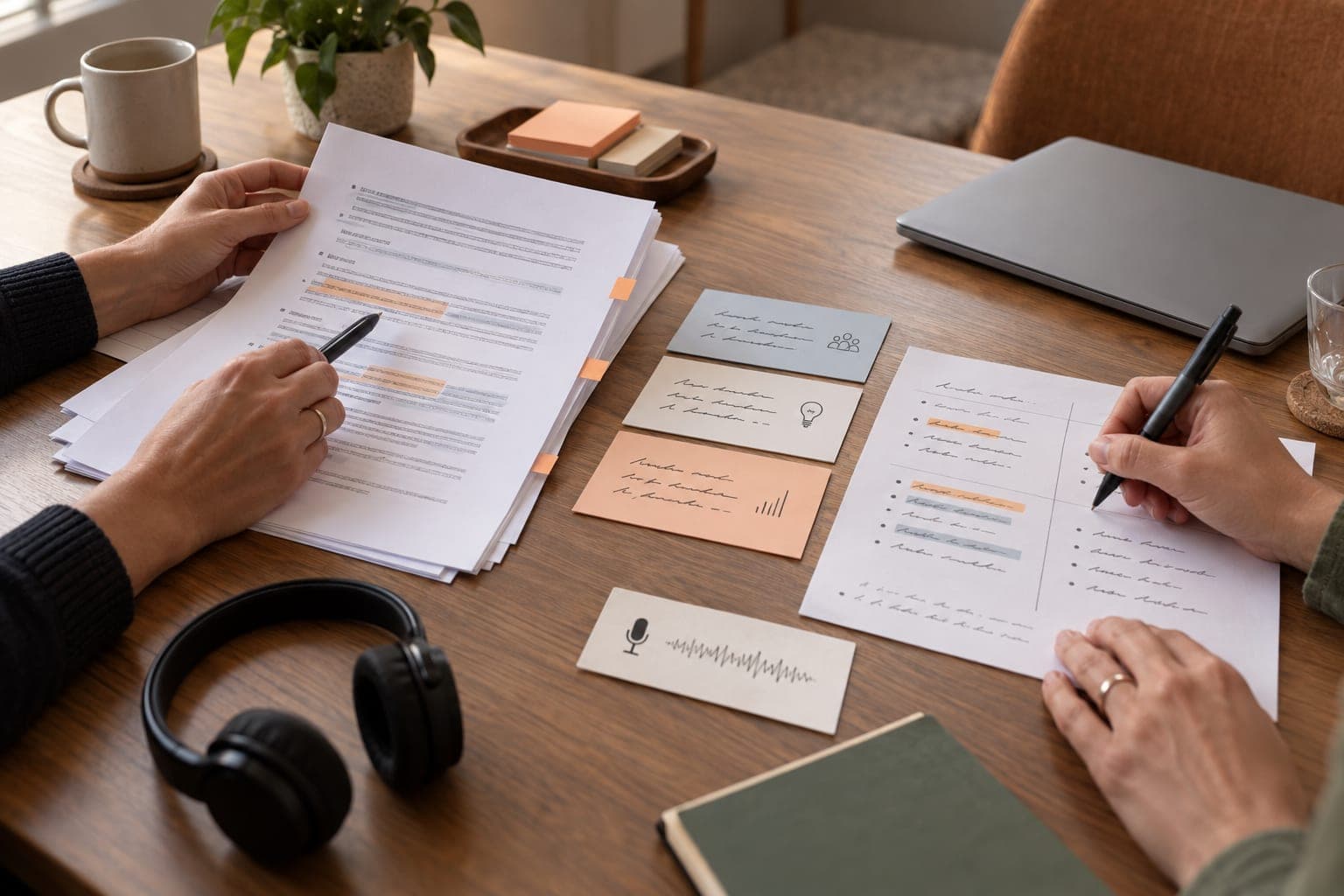Interview reviewers matching transcript evidence to competency cards and a separate scorecard sheet