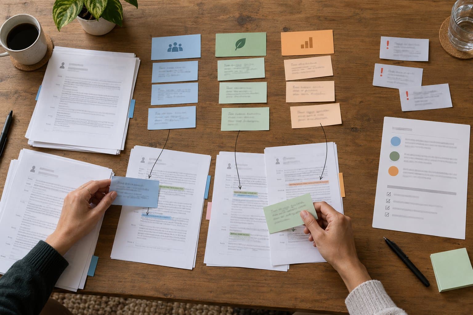Customer interview transcripts connected to evidence cards, contradictions, and a reviewed findings sheet