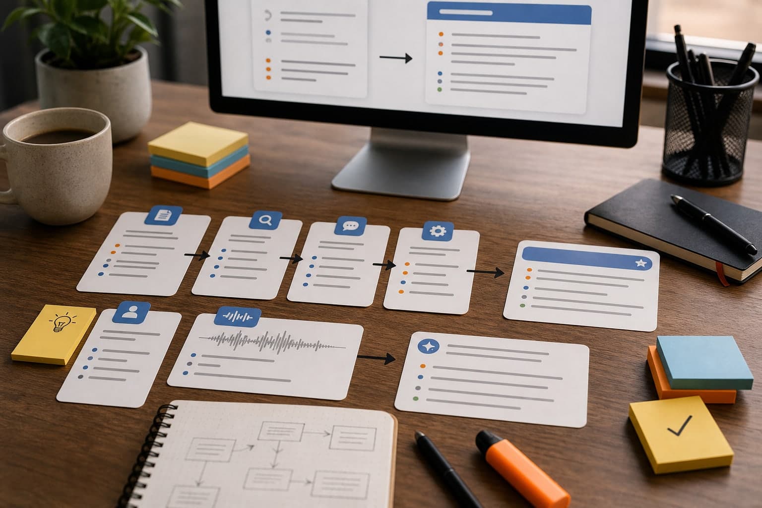 Prompt-building desk with instruction cards and a structured summary board