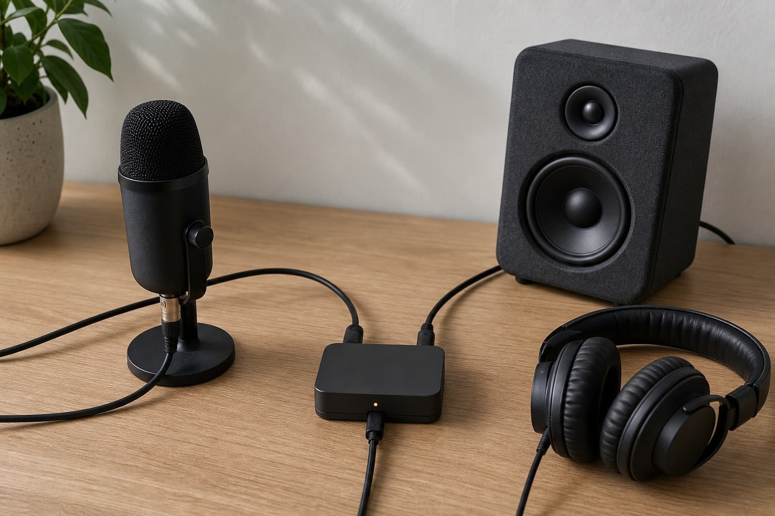 Desktop microphone and Mac audio source feeding one local recording setup
