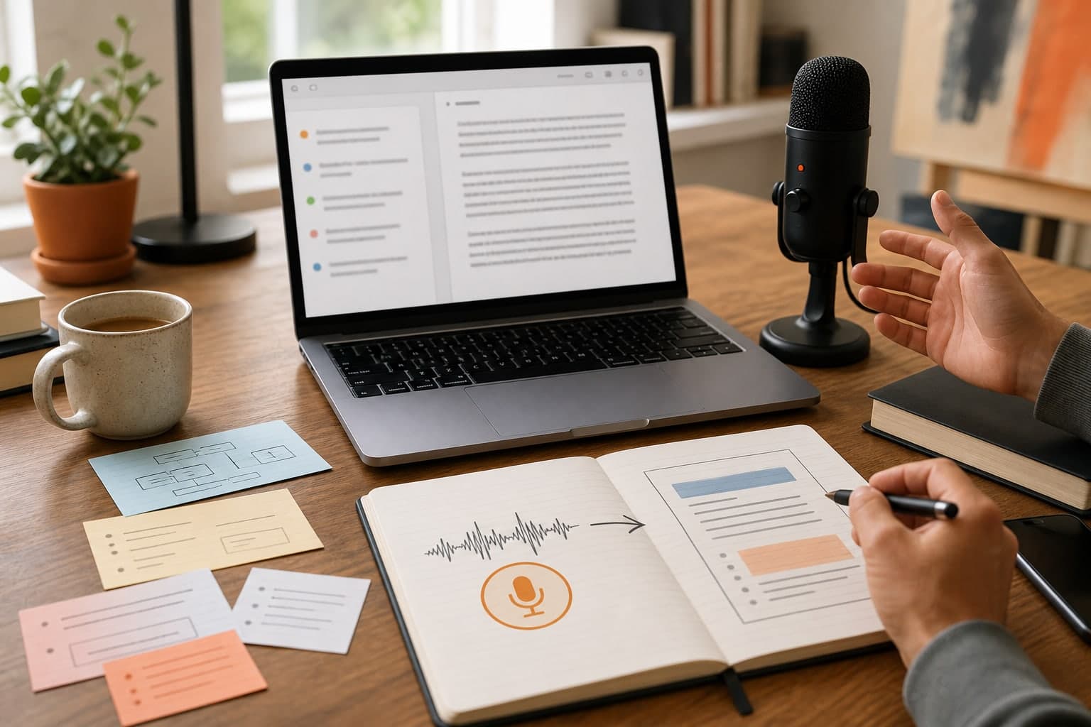 Creative desk turning dictated voice notes into a cleaner draft