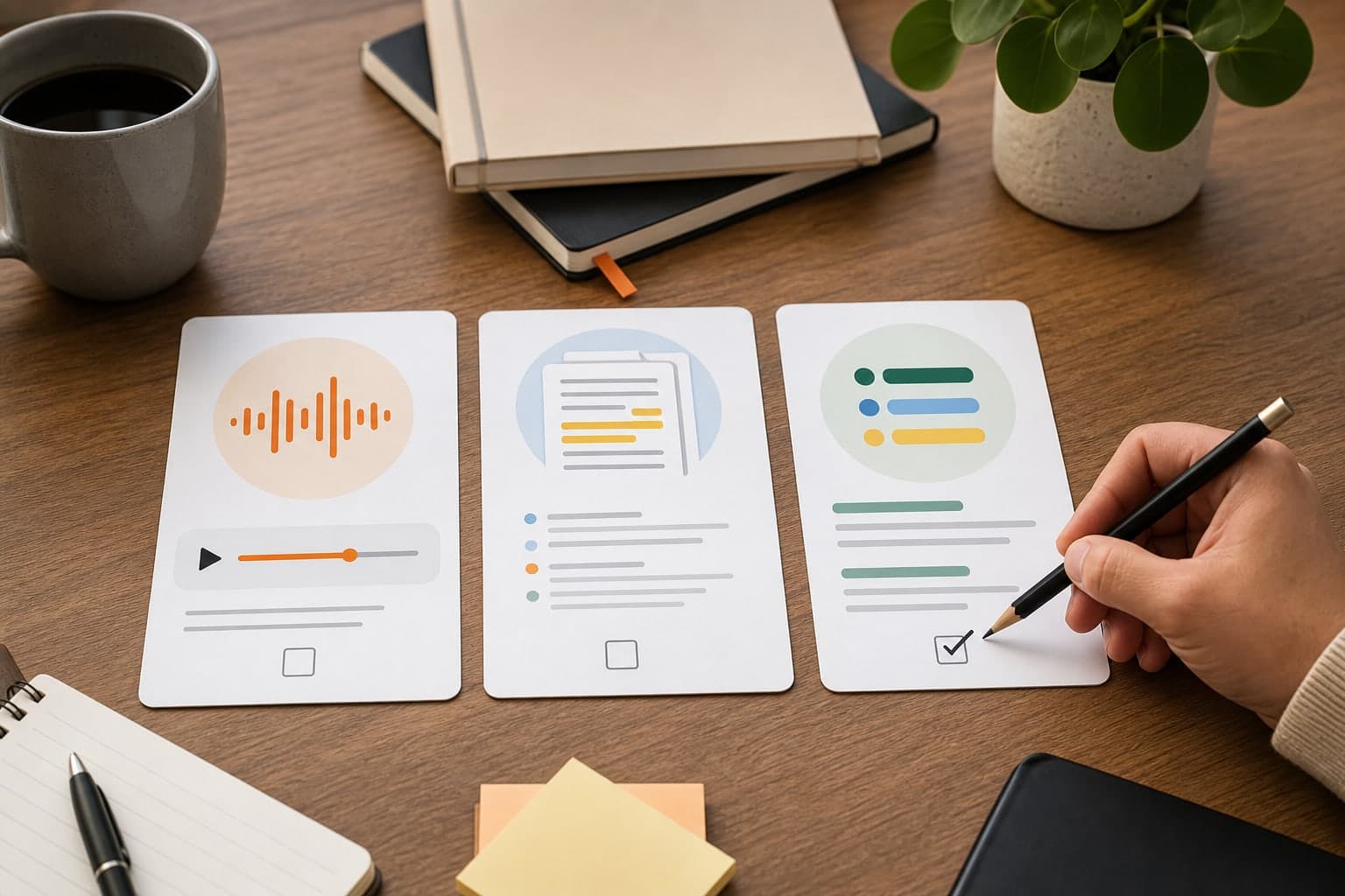 Three meeting artifact cards for audio, transcript, and summary
